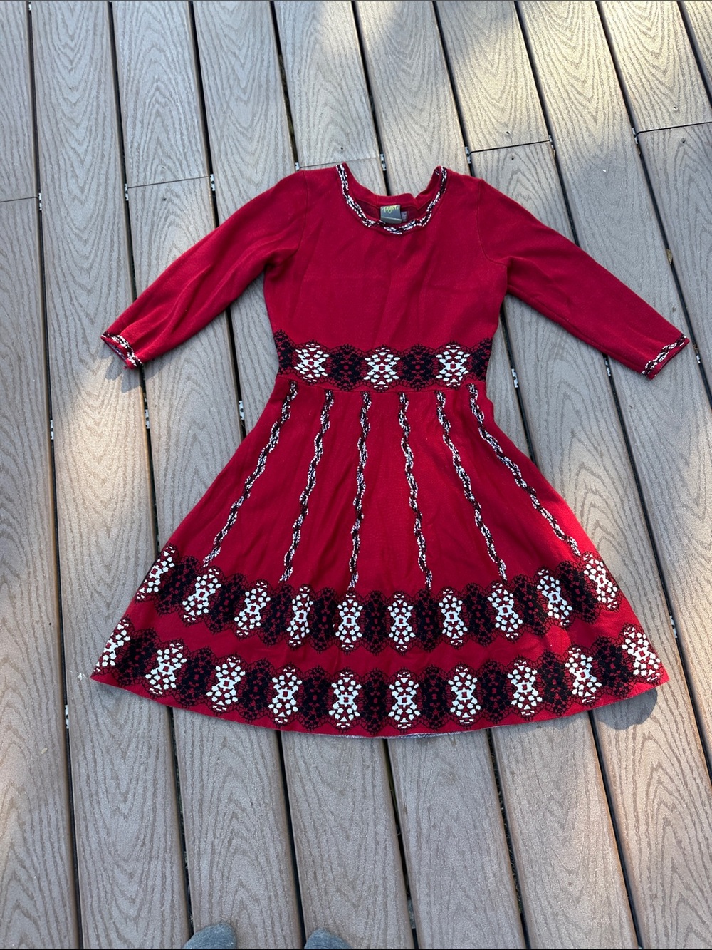 Taylor Red Knit Dress with Black and White Floral Trim